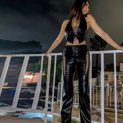 Tall Waist Synthetic Leather Gothic Pant