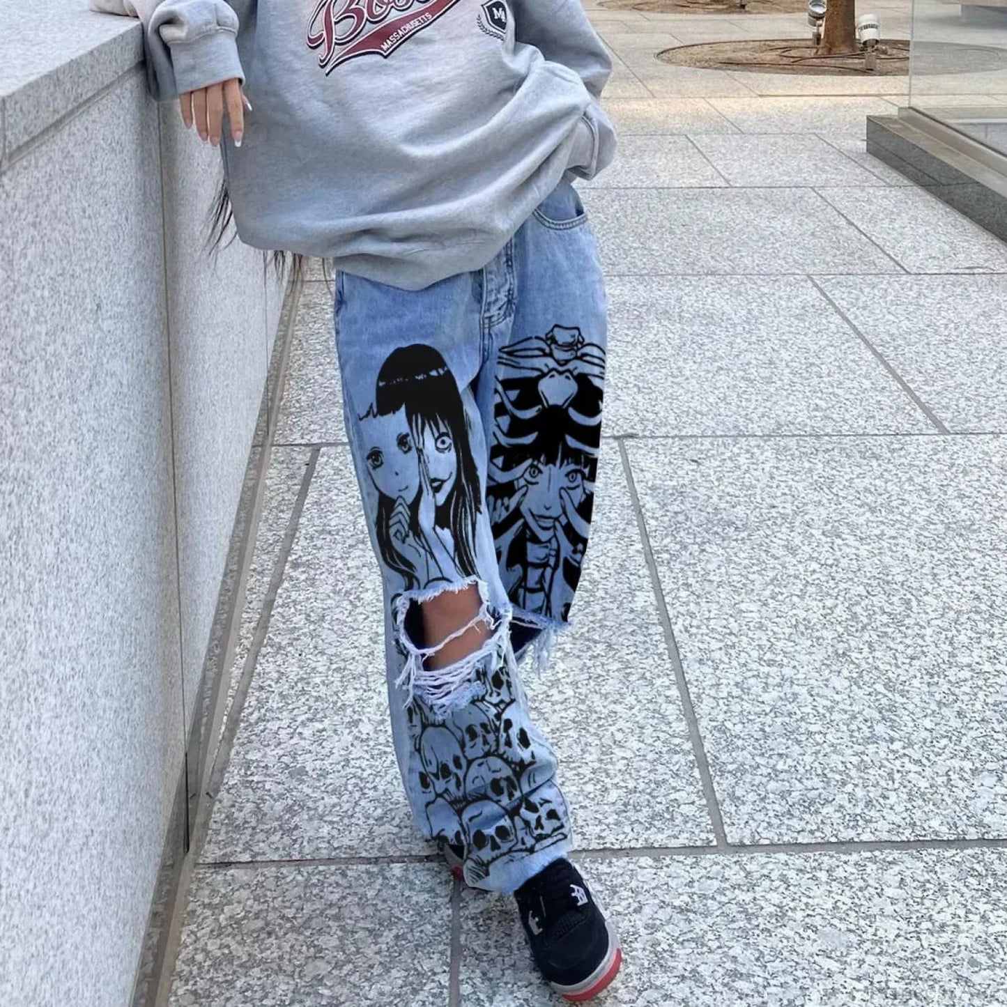 Tall Waist Torn Dark Denim Pant