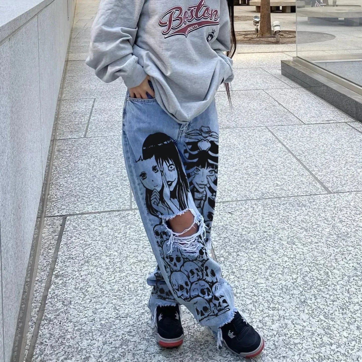 Tall Waist Torn Dark Denim Pant