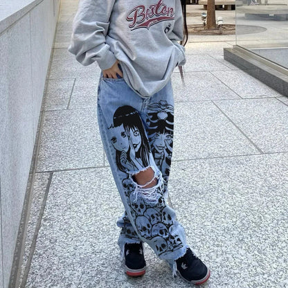 Tall Waist Torn Dark Denim Pant