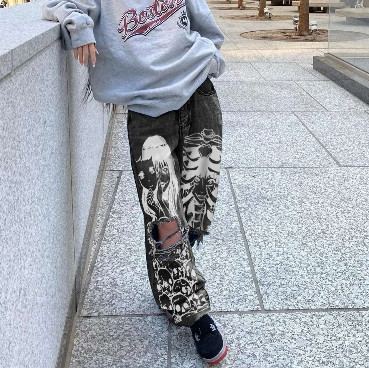 Tall Waist Torn Dark Denim Pant