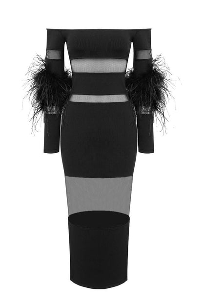Tammy Feather Splicing Midi Bandage Dress
