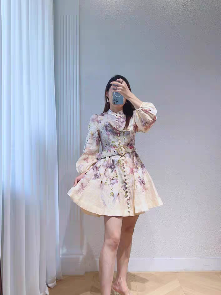 Floral Print Short A Line Dress with Belt