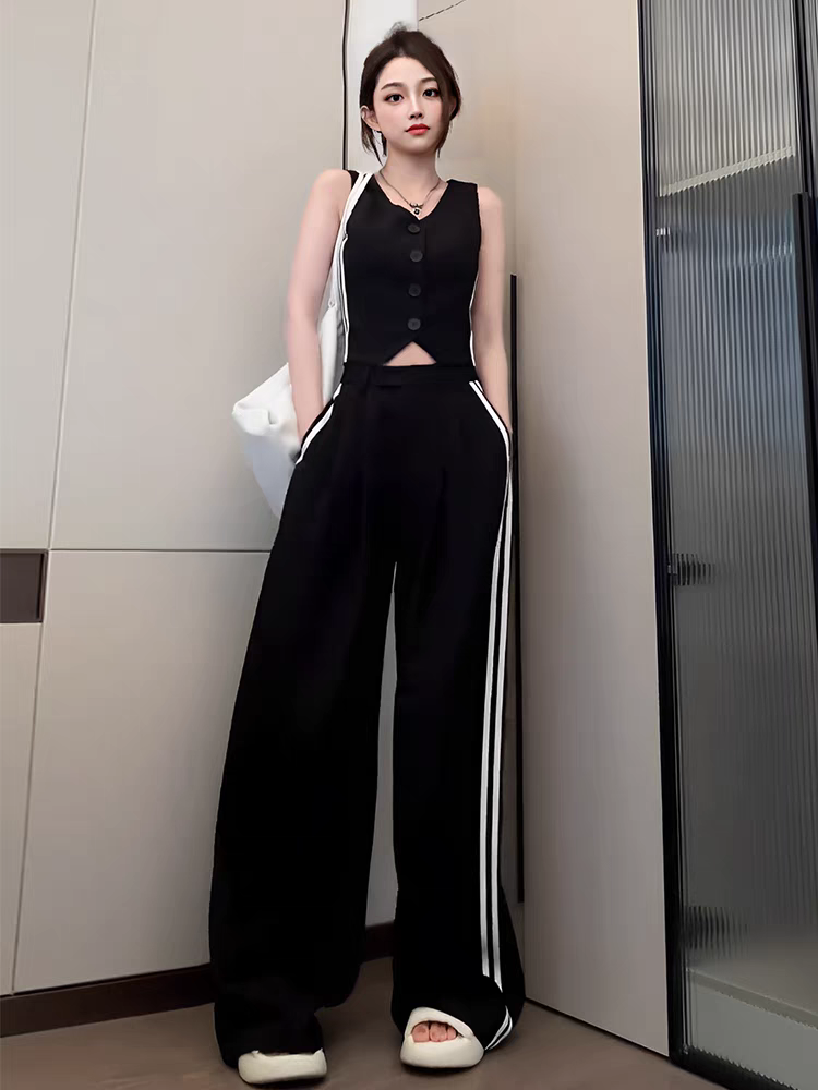 Striped Waist Coat Vest & Wide Leg Pants Coord Set