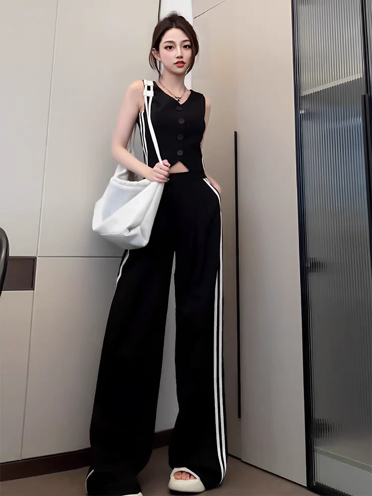 Striped Waist Coat Vest & Wide Leg Pants Coord Set