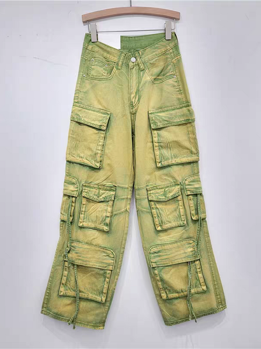 Green Wide Leg Cargo Denim Pants