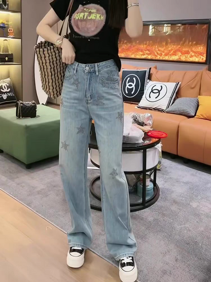 Star Print Rhinestone Wide Leg Denim Pants