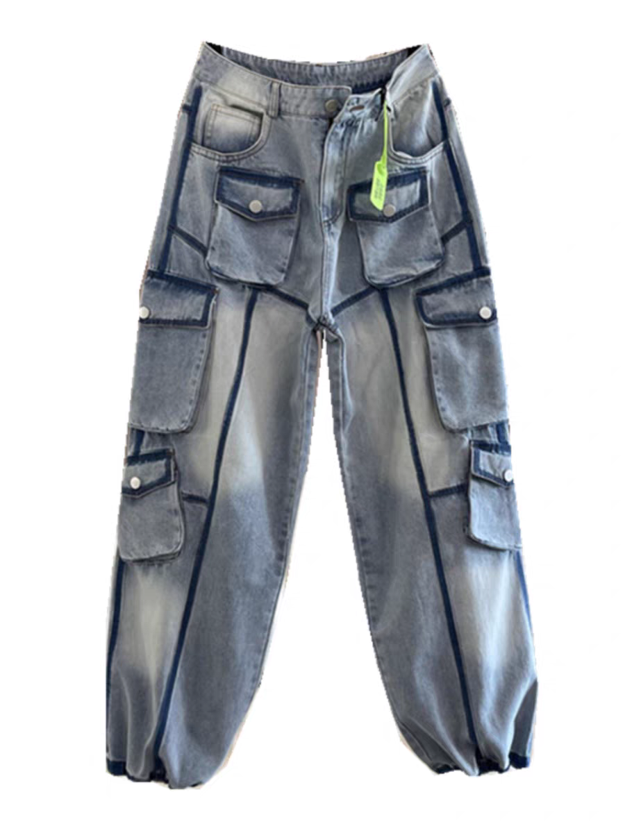 Blue Wide Leg Cargo Pockets Denim Pants