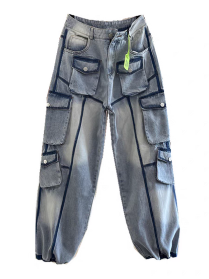Blue Wide Leg Cargo Pockets Denim Pants