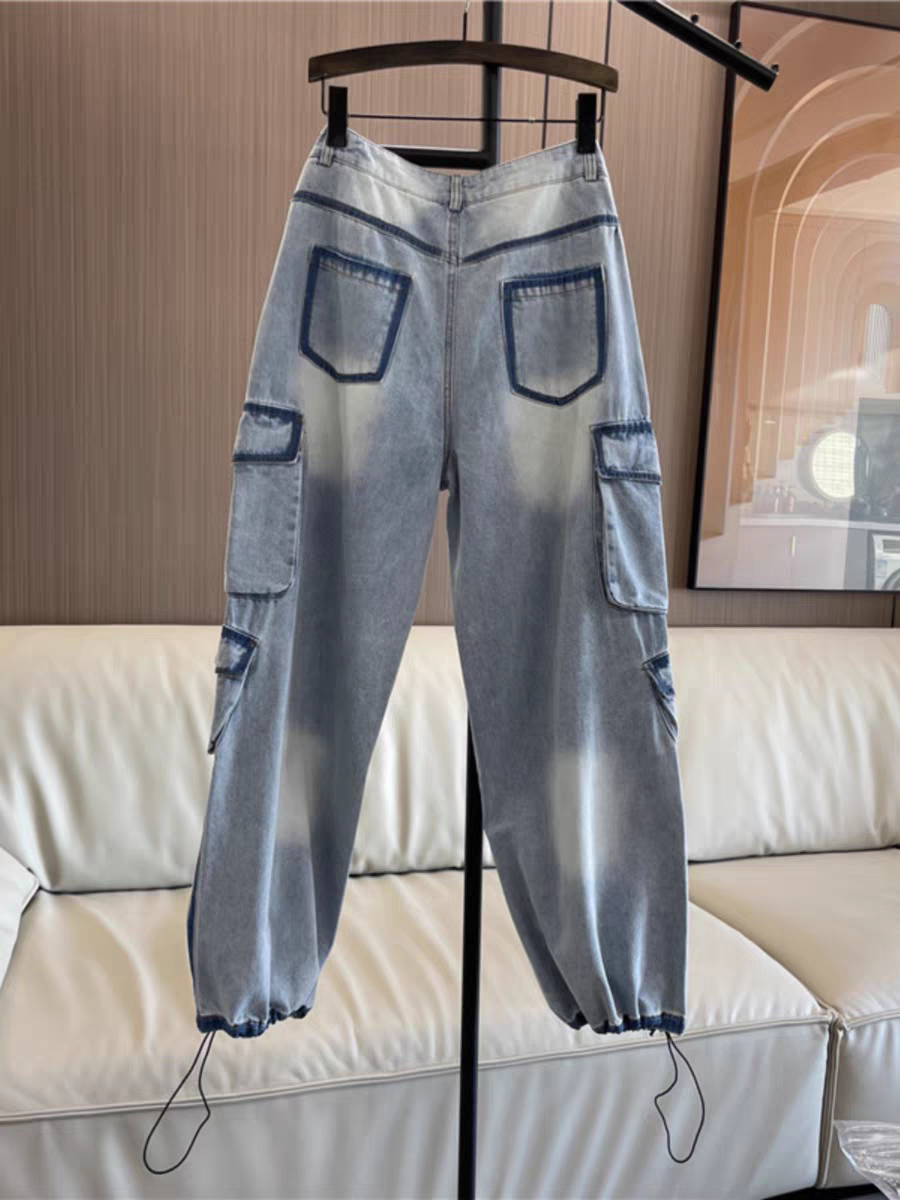 Blue Wide Leg Cargo Pockets Denim Pants