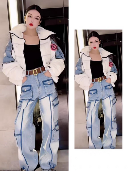 Blue Wide Leg Cargo Pockets Denim Pants