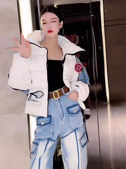 Blue Wide Leg Cargo Pockets Denim Pants