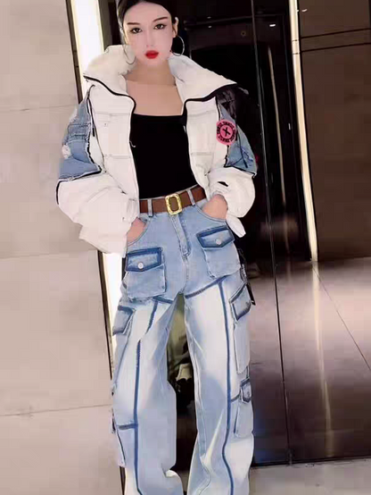 Blue Wide Leg Cargo Pockets Denim Pants