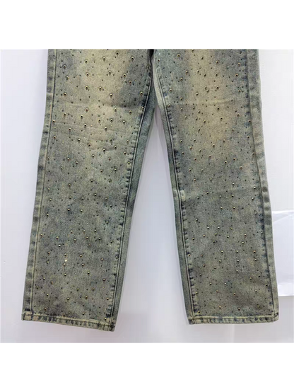 Faded Blue Green Wide Leg Denim Studded Pants
