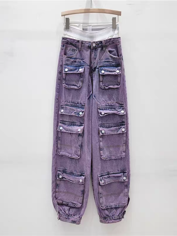 Purple Cargo Joggers Denim Pants