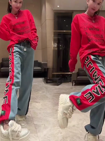 Illustrator Print Wide Leg Denim Pants