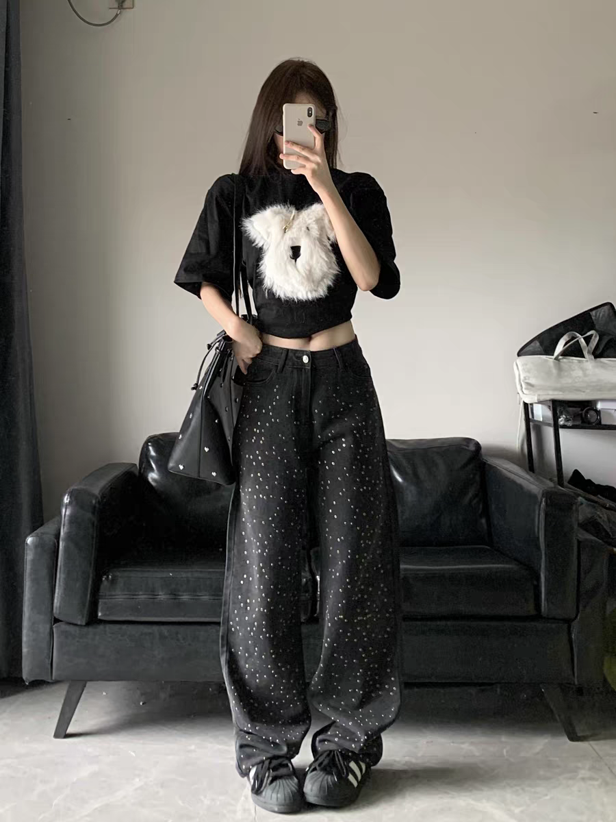 Black Wide Leg Denim Studded Pants