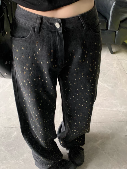 Black Wide Leg Denim Studded Pants