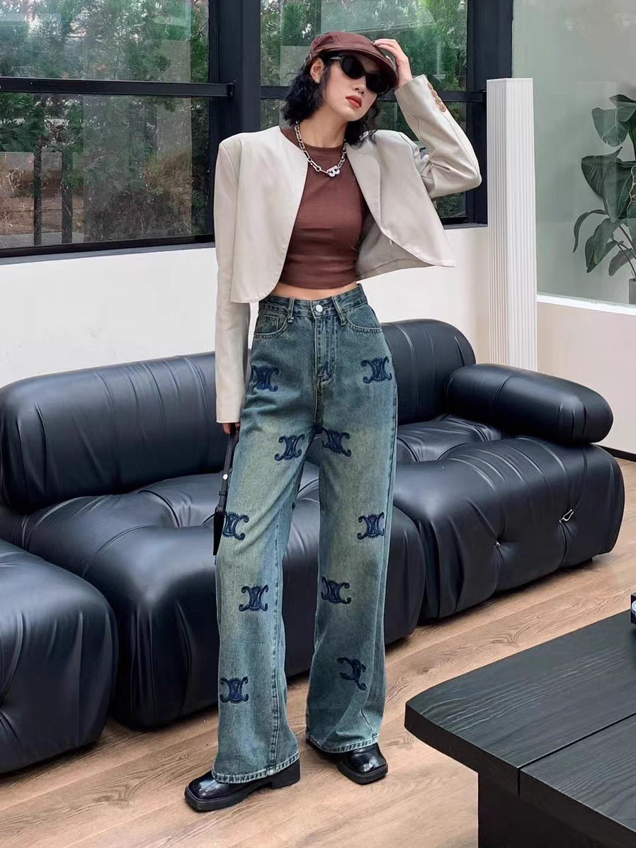 C H Distressed Blue Wide Leg Denim Pants