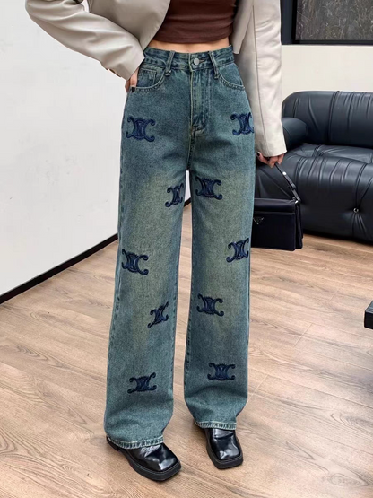 C H Distressed Blue Wide Leg Denim Pants