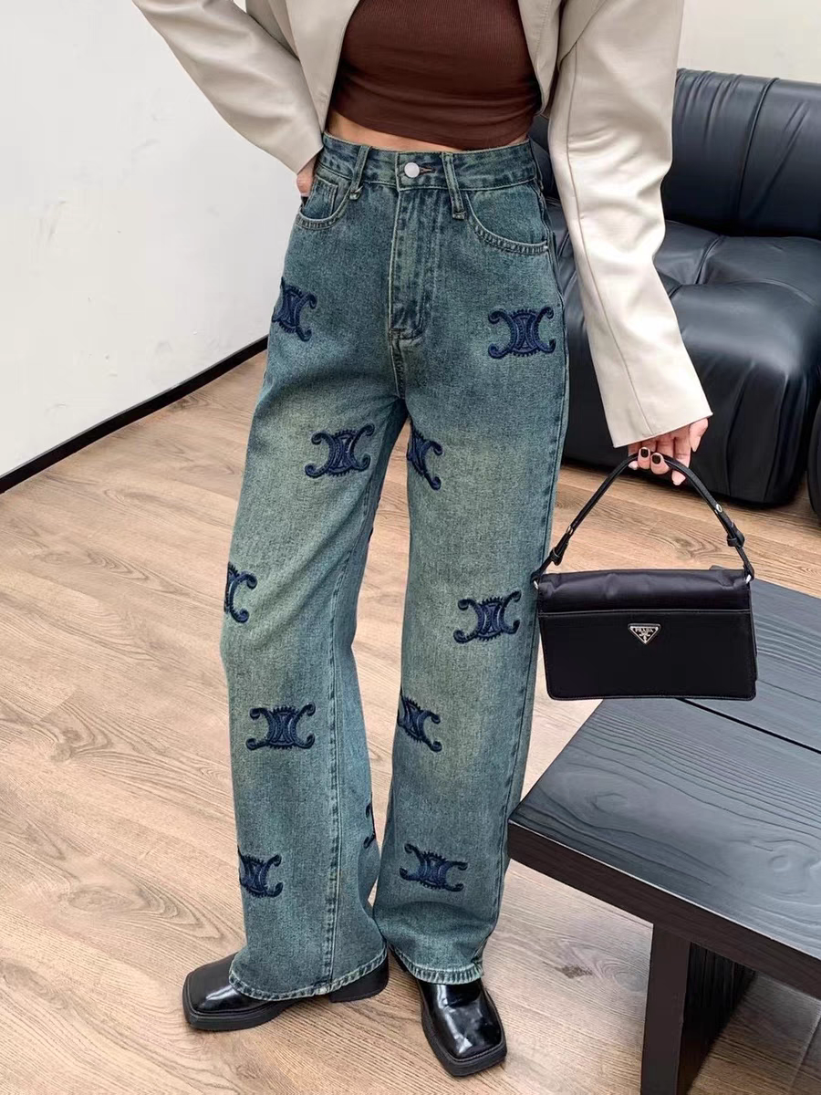 C H Distressed Blue Wide Leg Denim Pants