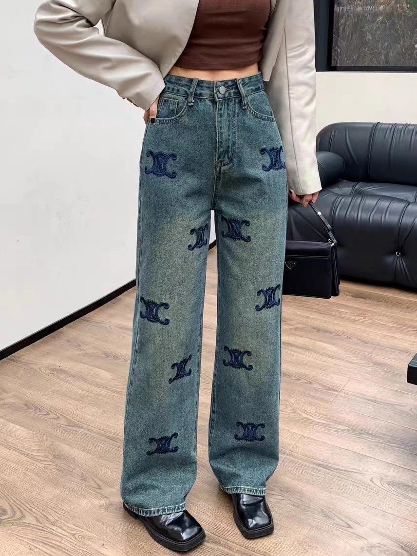 C H Distressed Blue Wide Leg Denim Pants