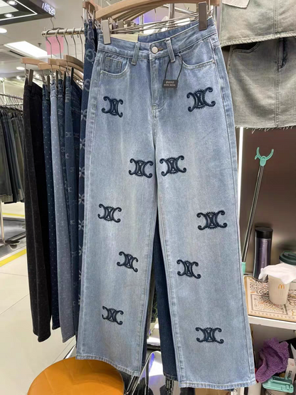C H Distressed Blue Wide Leg Denim Pants