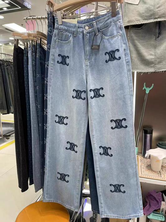 C H Distressed Blue Wide Leg Denim Pants
