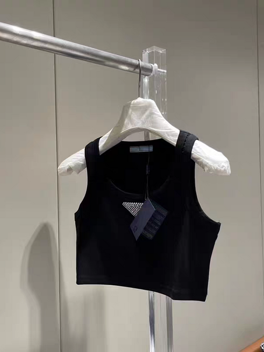 Black & White Rhinestone Logo Sleeveless Crop Top