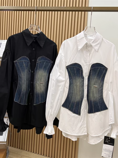 Cotton Shirt with Denim Patch