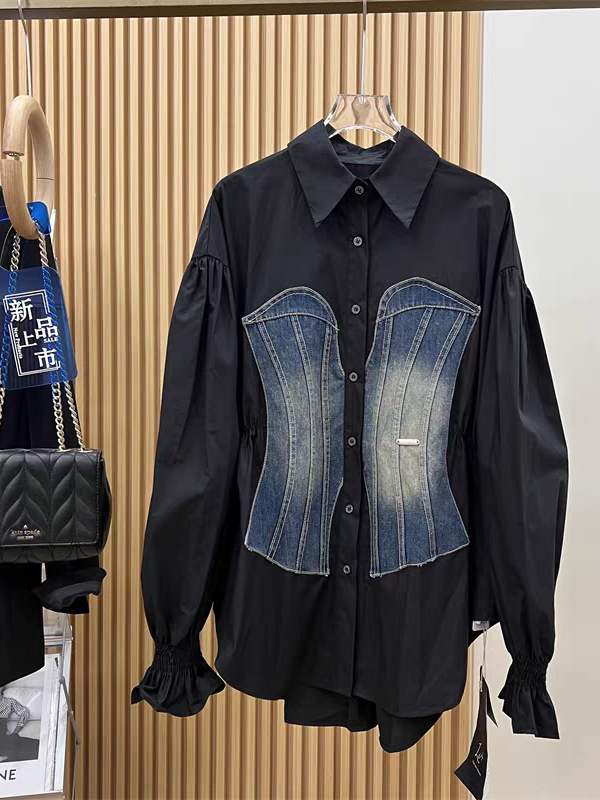 Cotton Shirt with Denim Patch