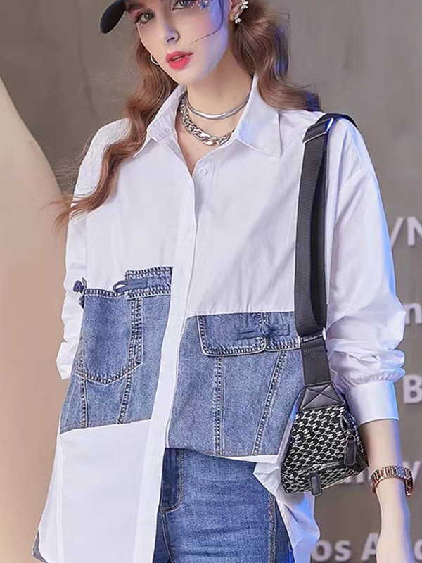 Cotton Shirt with Denim Patch