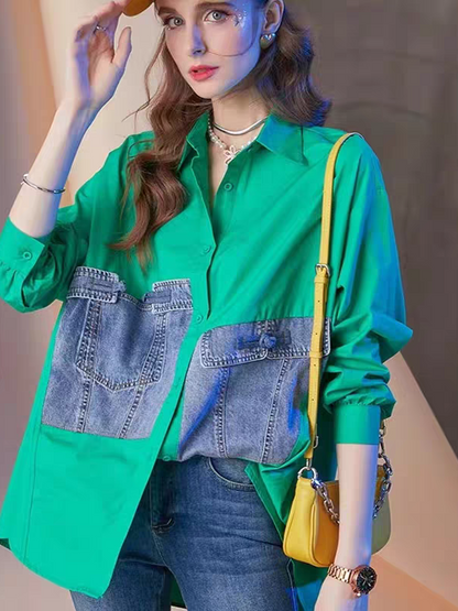 Cotton Shirt with Denim Patch
