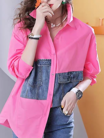 Cotton Shirt with Denim Patch