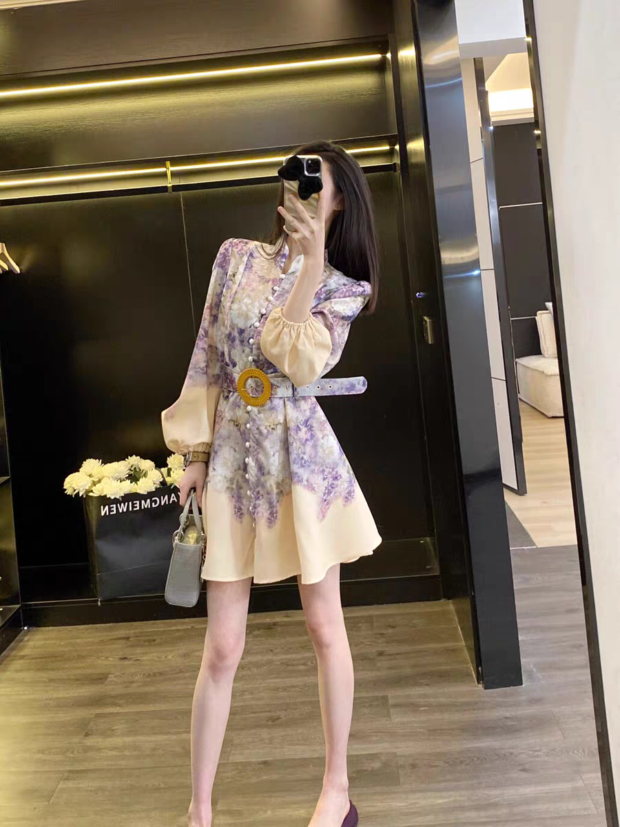 Floral Print Short A Line Dress with Belt