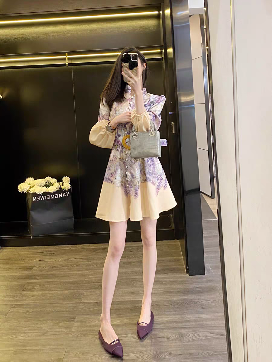 Floral Print Short A Line Dress with Belt