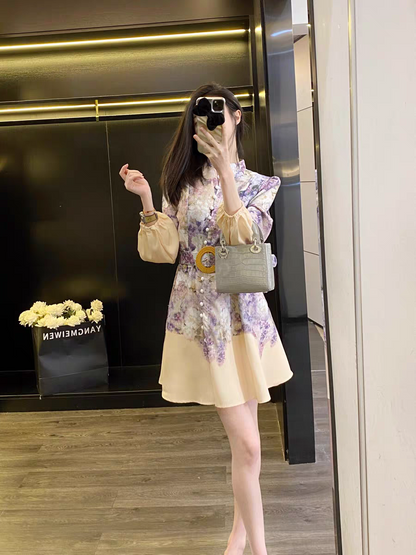 Floral Print Short A Line Dress with Belt