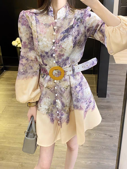 Floral Print Short A Line Dress with Belt