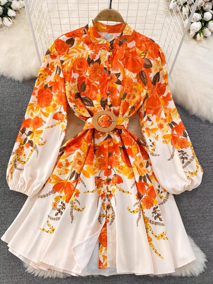 Floral Print Short A Line Dress with Belt