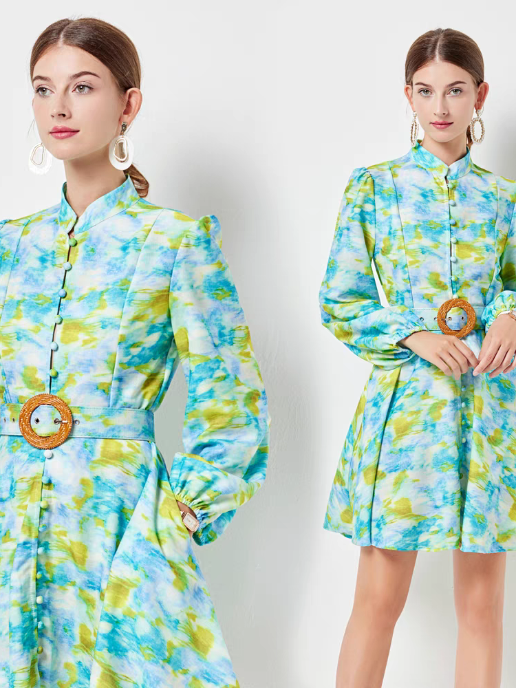 Floral Print Short A Line Dress with Belt