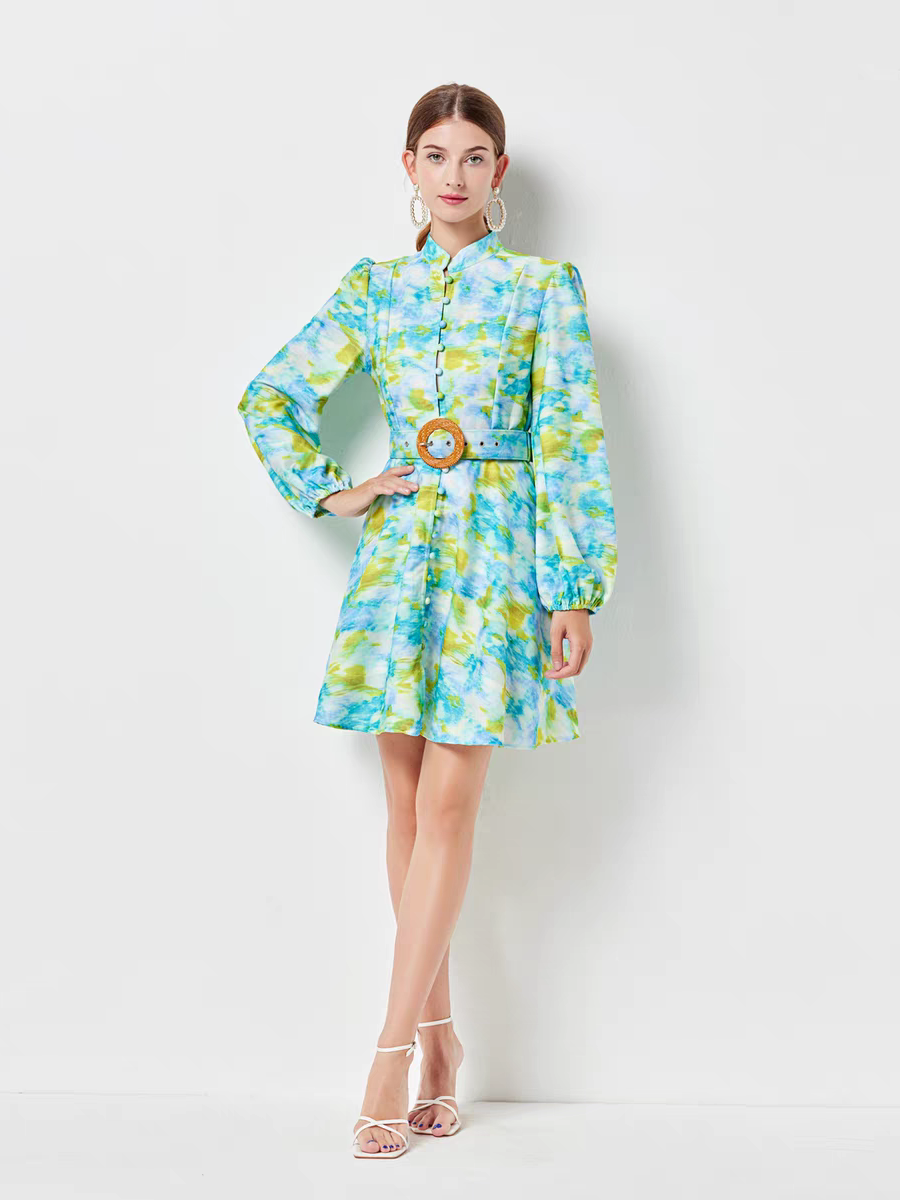 Floral Print Short A Line Dress with Belt