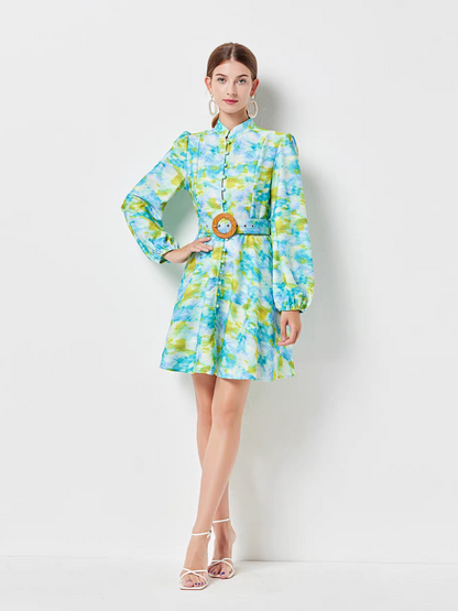 Floral Print Short A Line Dress with Belt