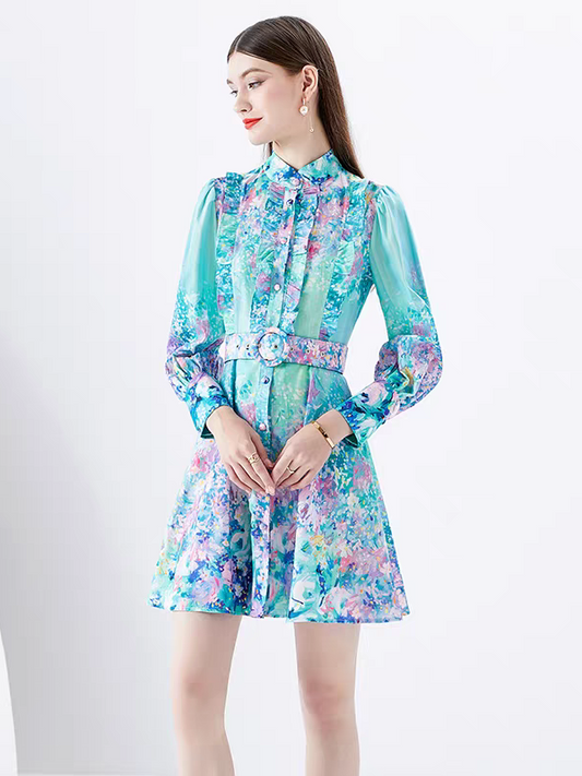 Green Floral Print A Line Dress with Belt