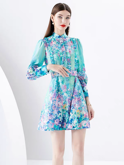 Green Floral Print A Line Dress with Belt