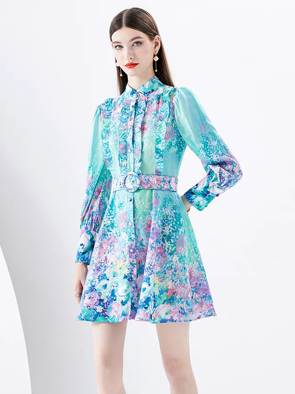 Green Floral Print A Line Dress with Belt