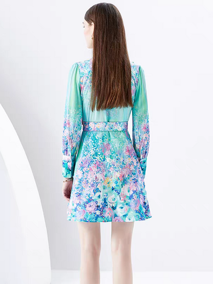 Green Floral Print A Line Dress with Belt