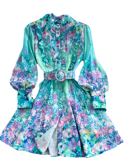 Green Floral Print A Line Dress with Belt