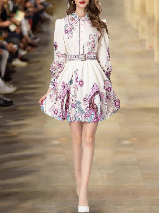 Floral Vintage Print A Line Dress with Belt