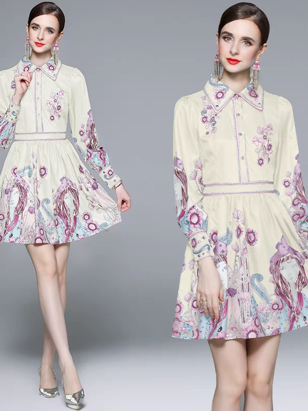 Floral Vintage Print A Line Dress with Belt