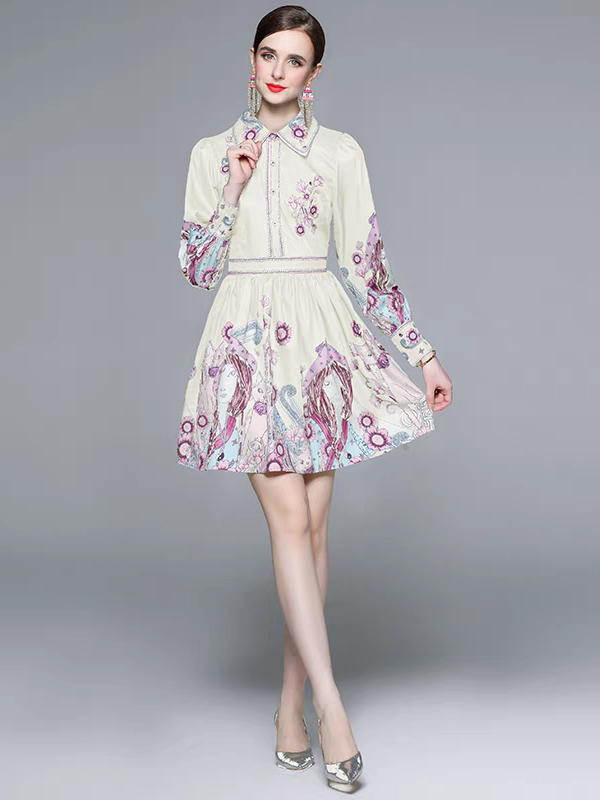 Floral Vintage Print A Line Dress with Belt